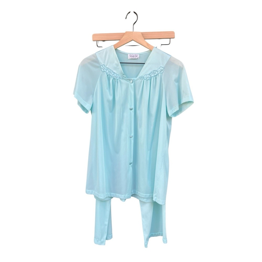 Vtg 90s Vanity Fair Aqua Nylon Pajama Set Floral Trim Cropped Loungewear Size S
